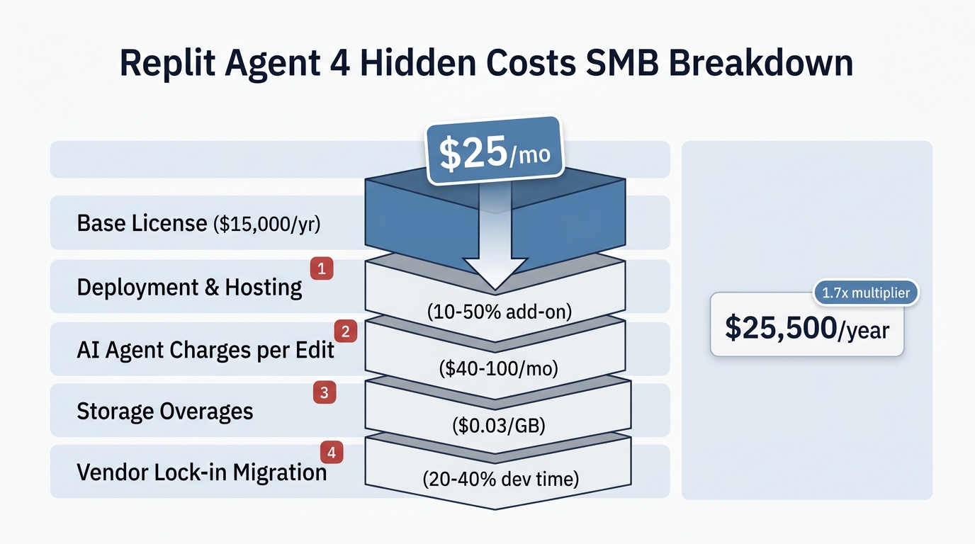 Replit Agent 4 hidden costs breakdown showing how base license, deployment charges, AI agent per-edit fees, and storage overages stack up to 1.7 times the advertised price for SMBs