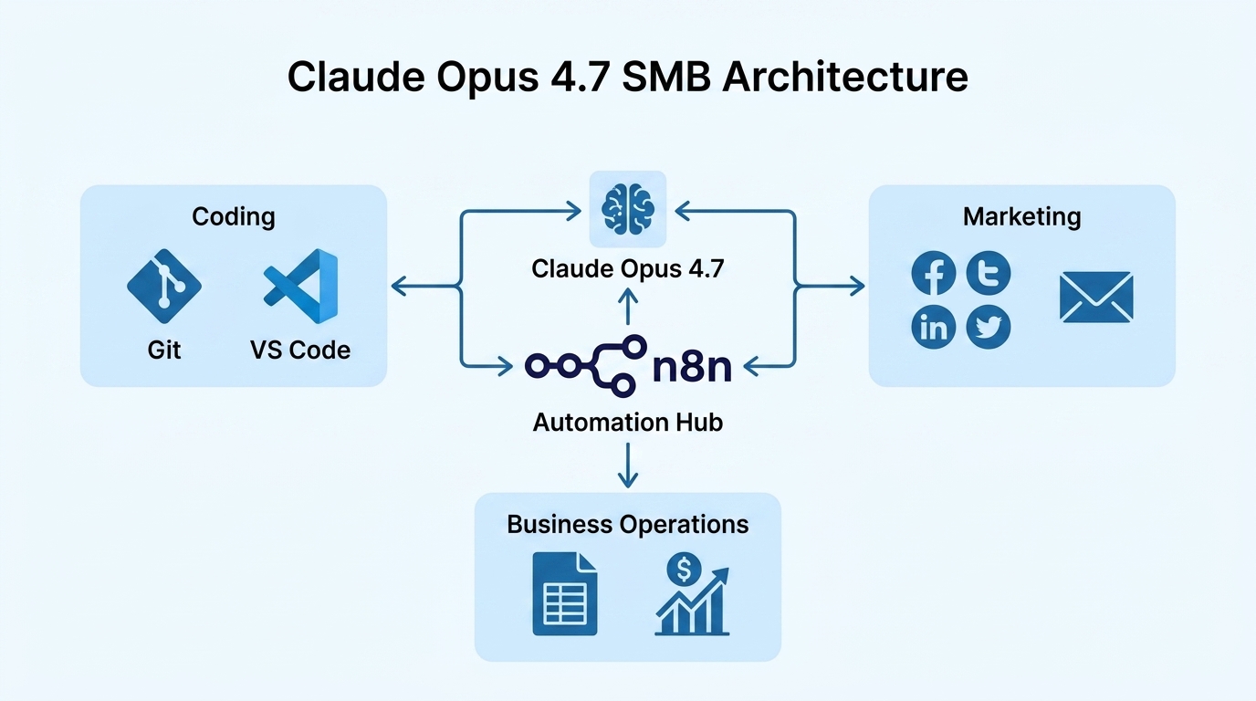 System diagram showing Claude Opus 4.7 at the center of an n8n automation hub connecting coding, marketing, and finance departments