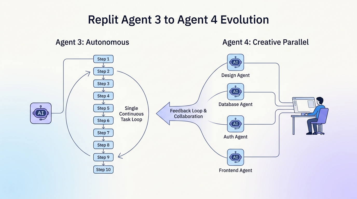 Evolution diagram showing Replit Agent 3 single autonomous execution versus Agent 4 parallel agent creativity-focused workflow