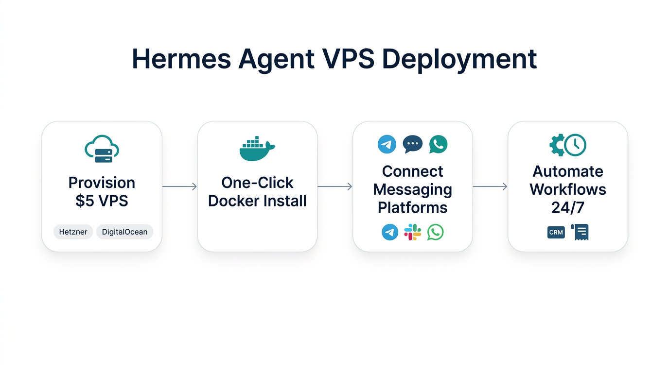 Step-by-step deployment flowchart for Hermes Agent on a VPS showing provisioning, docker install, messaging connection, and automation steps