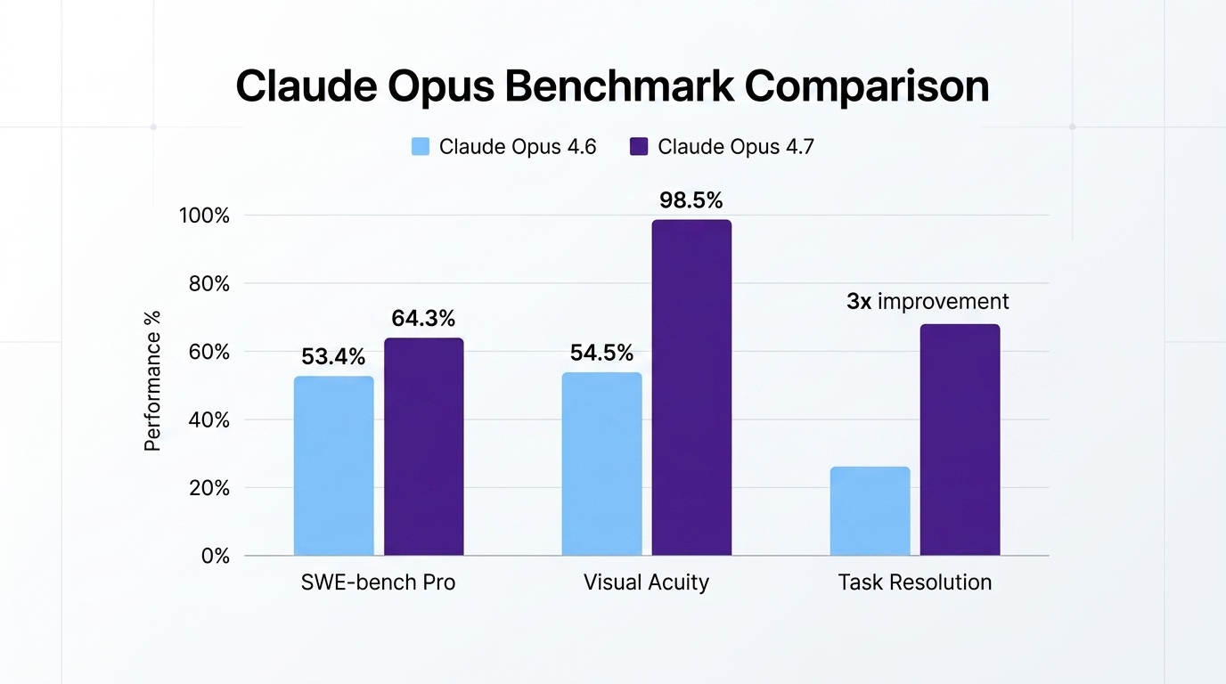 Bar chart comparing Claude Opus 4.6 and 4.7 across SWE-bench Pro, Visual Acuity, and Task Resolution metrics