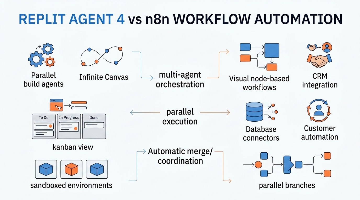 Comparison infographic showing Replit Agent 4 parallel build agents on the left and n8n multi-agent workflow orchestration on the right, connected by the shared multi-agent orchestration pattern