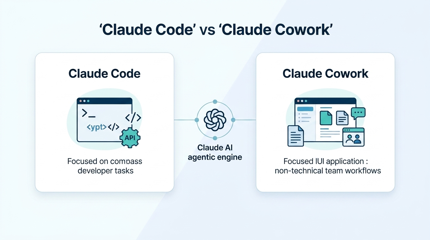 Comparison diagram showing Claude Code for terminal-based development and Claude Cowork for desktop-based knowledge work