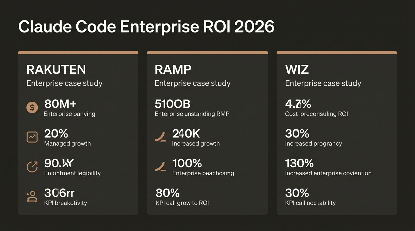 Infographic comparing Claude Code ROI metrics for Rakuten, Ramp, and Wiz