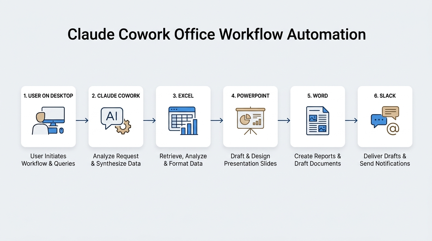 Workflow diagram showing Claude Cowork automating tasks across desktop applications like Excel, Word, and Slack