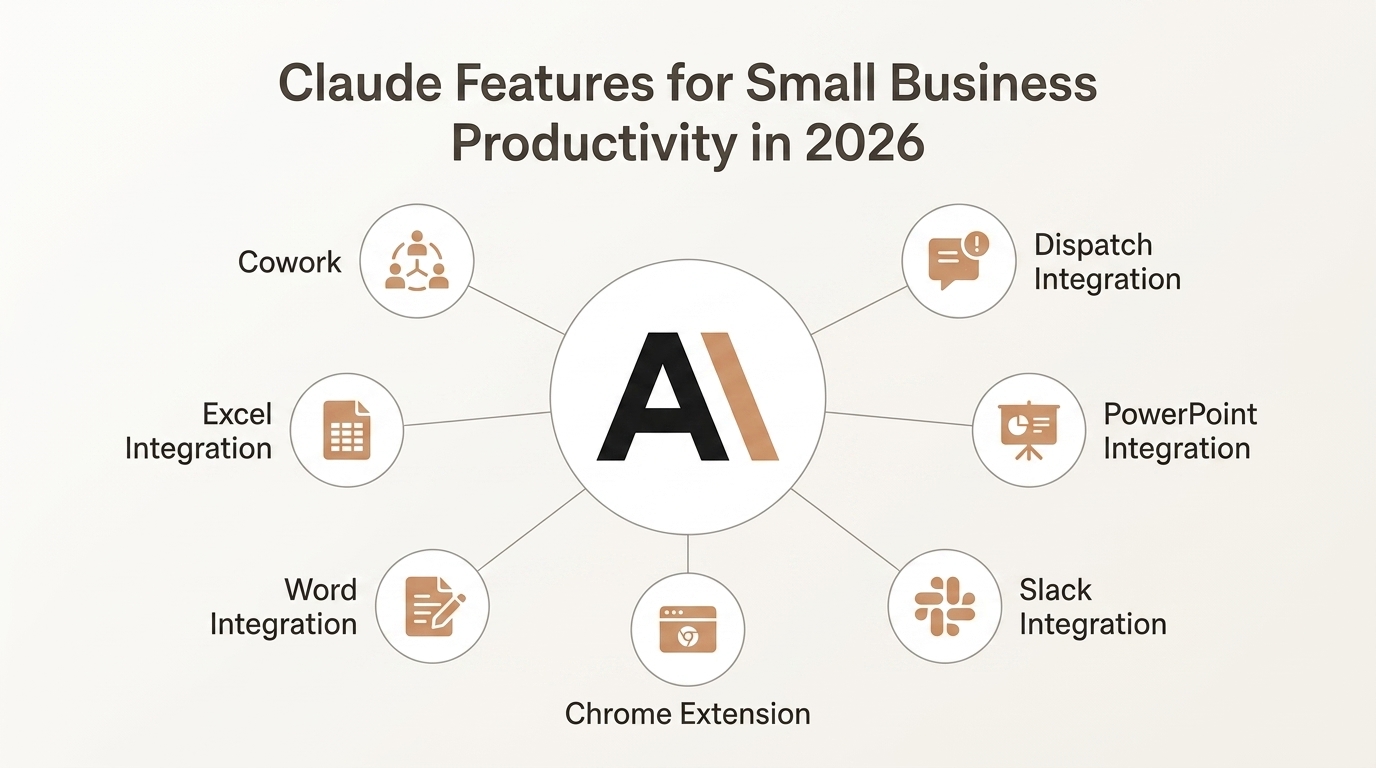 Infographic showing 7 Claude features: Cowork, Office Integrations, Chrome Extension, Slack, Dispatch, and more