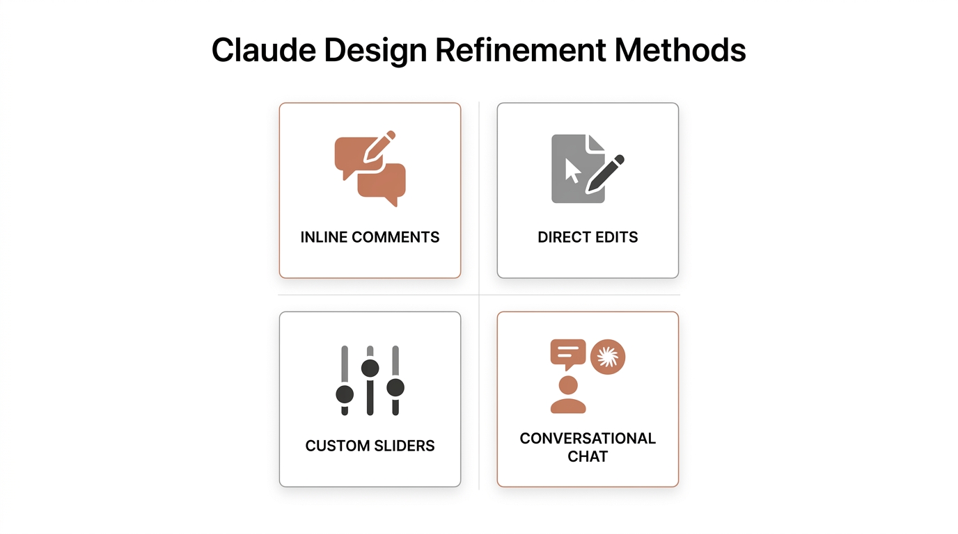 Infographic showing refinement methods: inline comments, direct edits, custom sliders, and conversational chat.