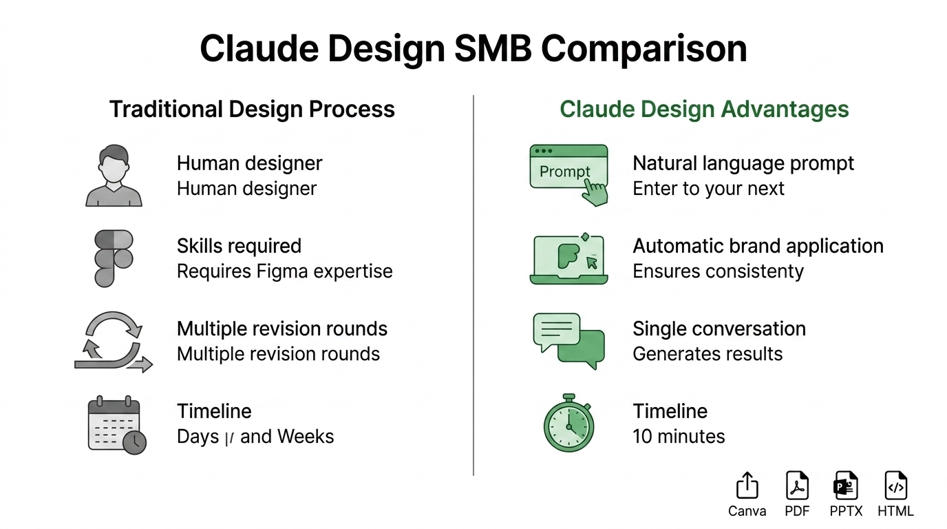 A comparison infographic showing the traditional design path vs the Claude Design path for SMBs, highlighting speed, skill floor, and cost benefits.
