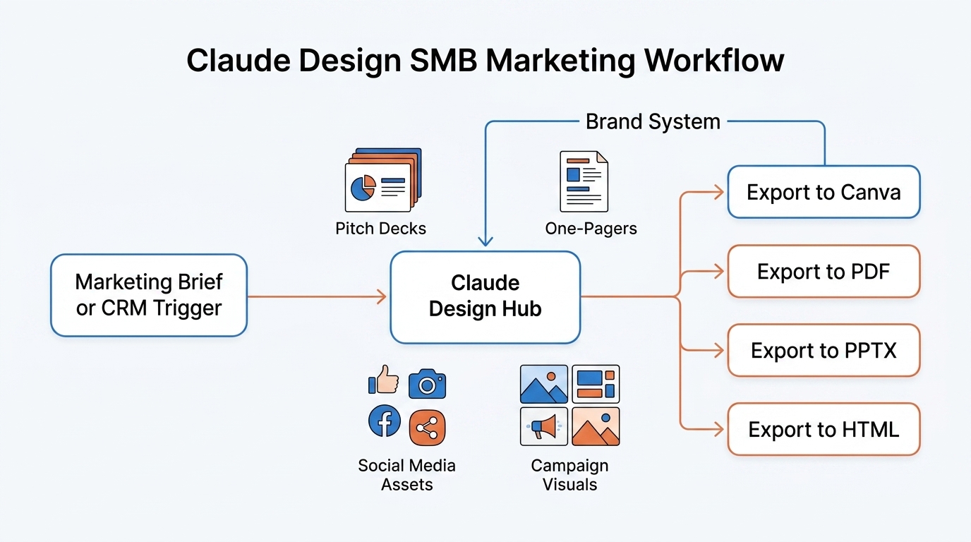 A professional workflow diagram showing SMB marketing teams using Claude Design to generate collateral from CRM triggers and briefs, with brand systems auto-applied and exported to Canva or PPTX.