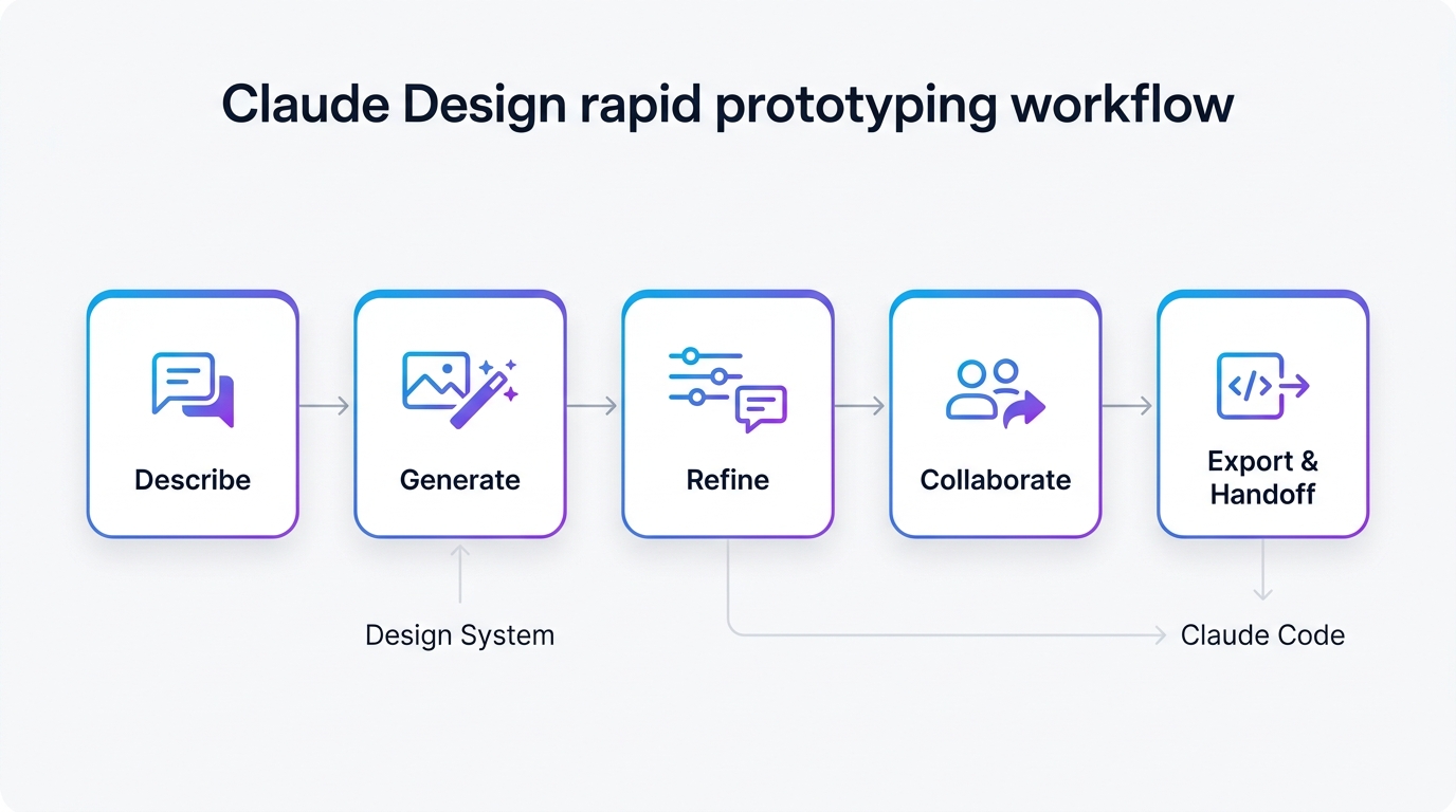 A flowchart showing the 5 stages of Claude Design workflow: Describe, Generate, Refine, Collaborate, and Export.