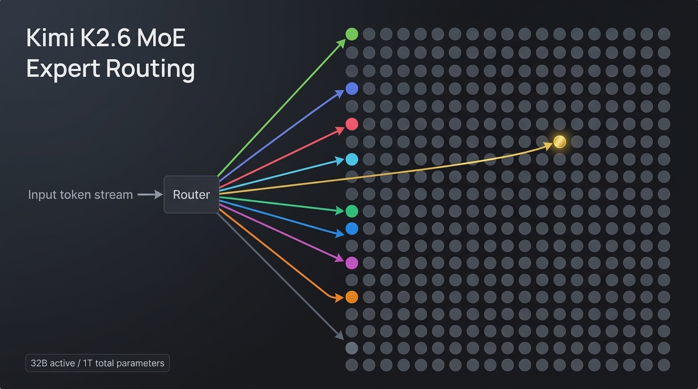 MoE expert routing diagram showing how Kimi K2.6 selects 8 of 384 experts per token plus one shared expert, activating 32B of 1T total parameters