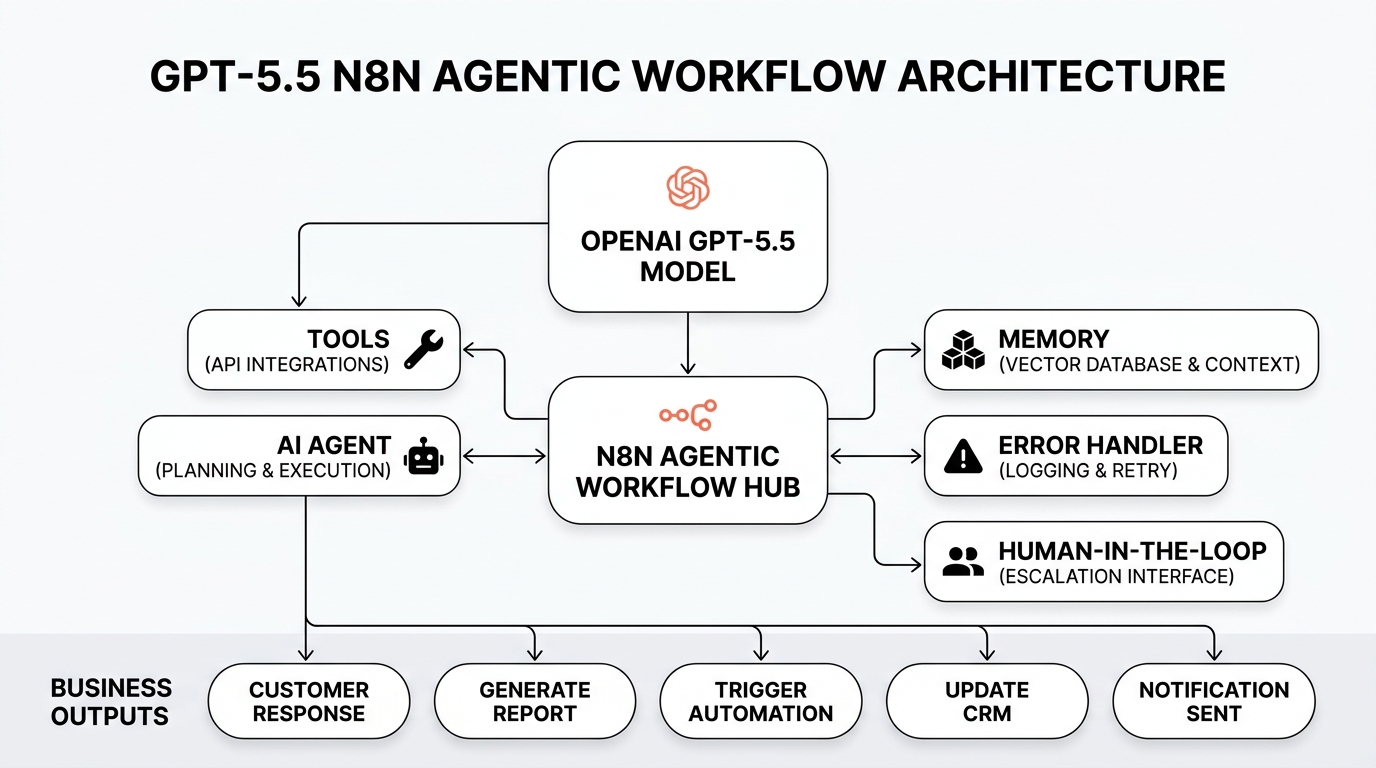 Technical architecture diagram showing GPT-5.5 model connected to n8n workflow nodes including AI Agent, Tools, Memory, and Error Handler