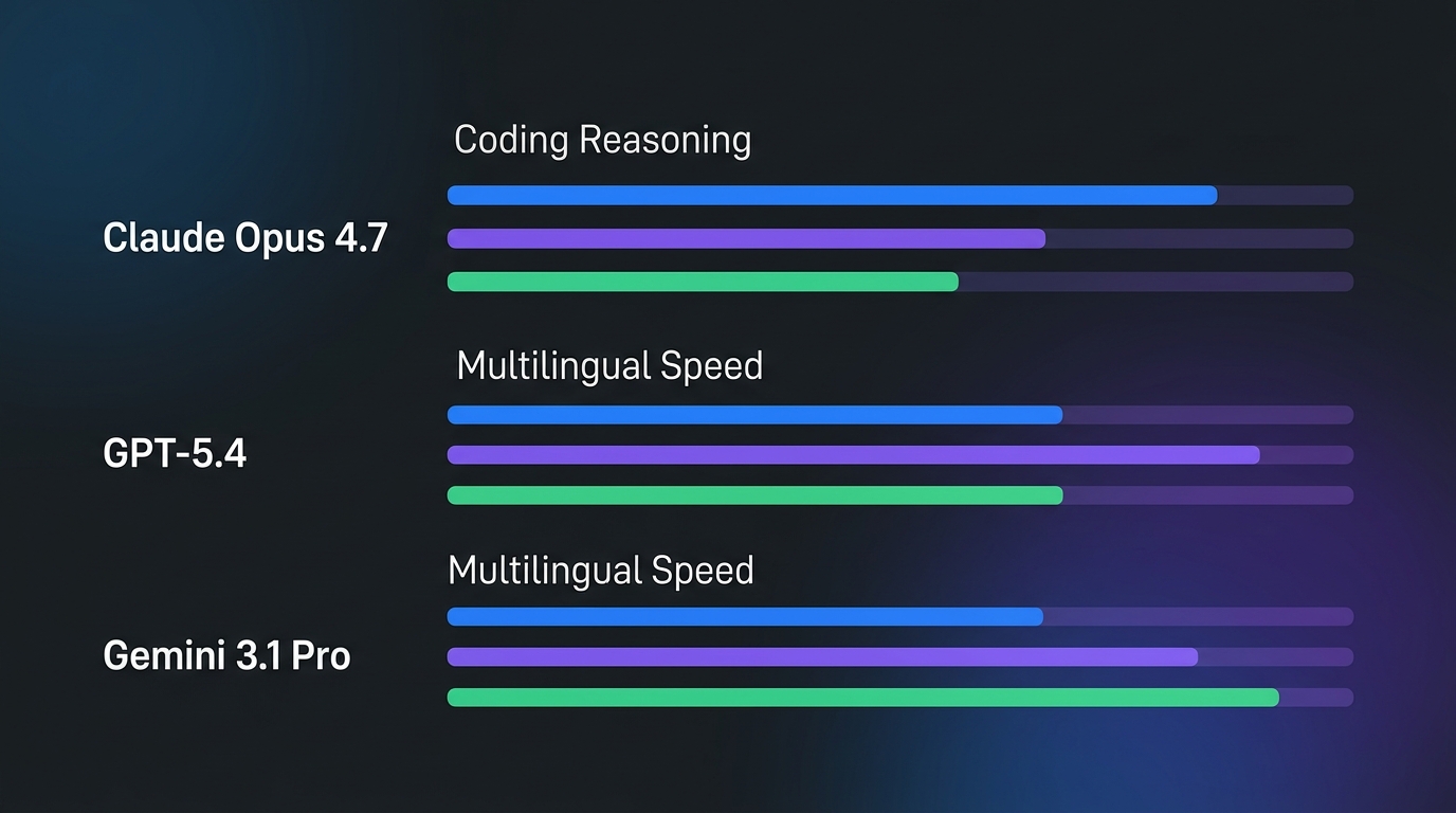 Technical comparison chart of Claude Opus 4.7, GPT-5.4, and Gemini 3.1 Pro showing reasoning, speed, and cost efficiency rankings.