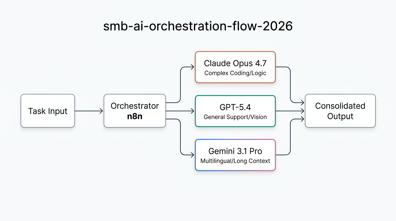 A flowchart diagram of an n8n orchestration workflow routing tasks between Claude, GPT, and Gemini based on complexity.