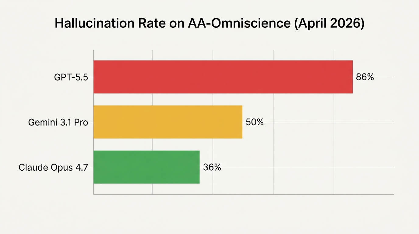 Bar chart comparing 2026 hallucination rates: GPT-5.5 at 86%, Gemini 3.1 Pro at 50%, and Claude Opus 4.7 at 36%