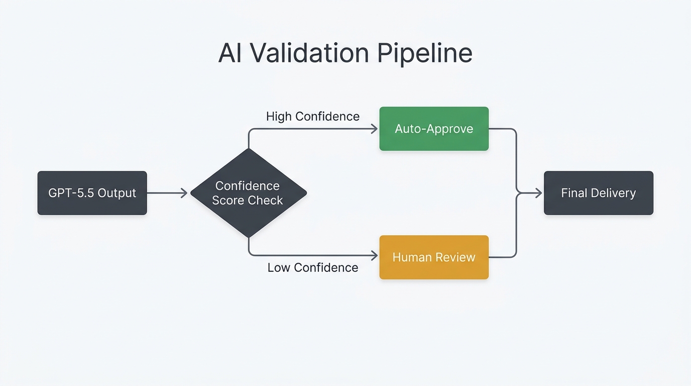 Workflow diagram showing GPT-5.5 output being validated through a confidence check and human-in-the-loop checkpoint
