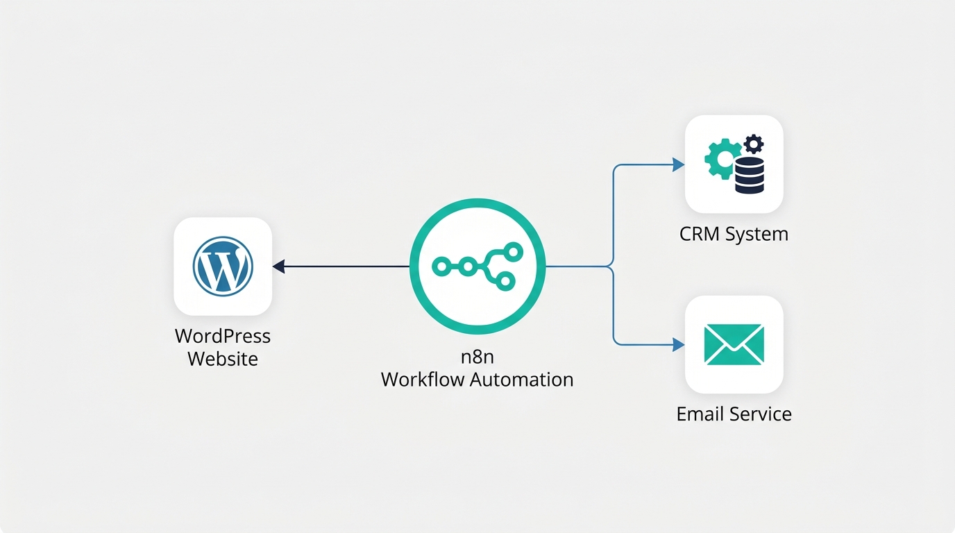 A flowchart illustrating a multi-step automation workflow using n8n and WordPress MCP tools to connect a CRM and Email system